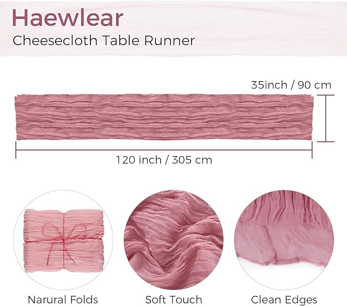 10PCS Dusty Rose Cheesecloth Table Runner 10ft Boho Gauze Fabric Cheese Cloth Table Runner Comes with 10 Cloth Napkins Runner for Romantic Wedding Birthday Shower Party Table Decoration