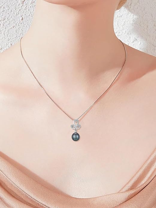 Tahitian Black Pearl 18K White Gold Plated Sterling Silver Heart/Infinity/Four Leaf Clover Pendant Necklace Jewelry Gifts for Women Wife Mom Girlfriend Wedding Birthday Anniversary Christmas