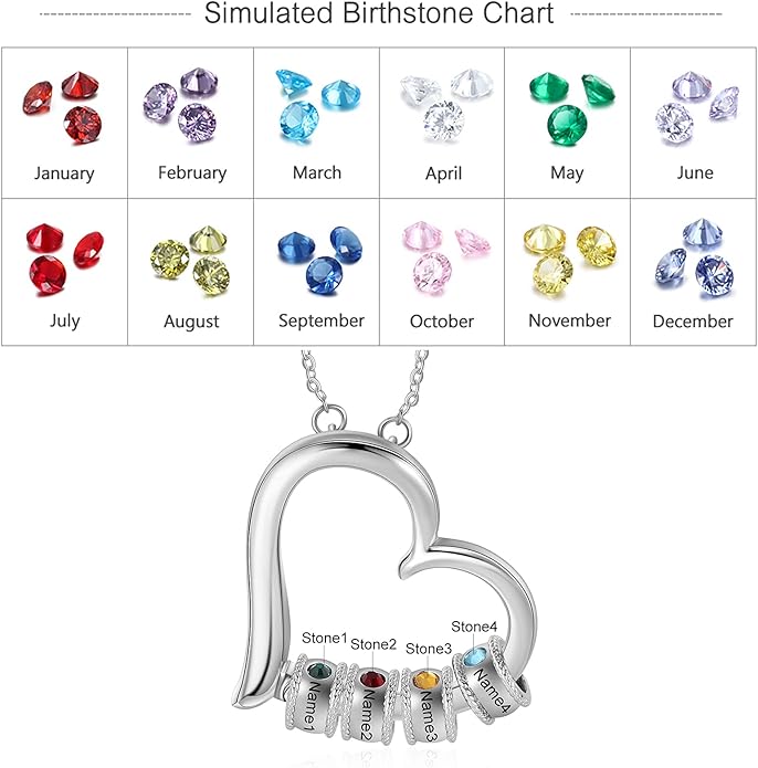 Personalized Women's Pendant Necklace 925 Sterling Silver with 1-5 Simulated Birthstone Names Customized Heart Shape Cubic Zirconia Necklace