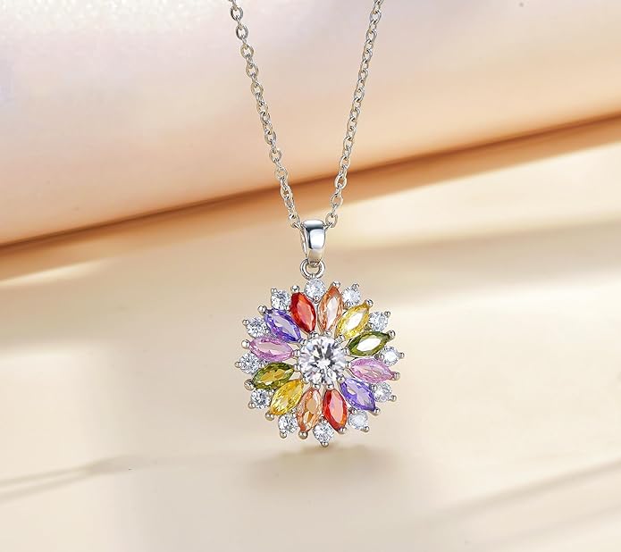 VONSSY Colorful Snowflake Pendant Necklace Earrings Rose Gold 5A Cubic Zirconia | Crystal Sweater Chain | Multi Gemstone Garnet Amethyst Morganite Peridot Prom Rhinestone Necklaces for Women Vintage Stylish Gift