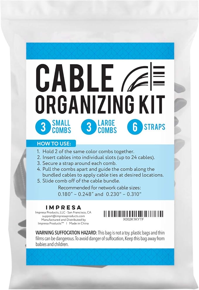 IMPRESA Cable Comb Organizer Kit - Includes 6 Straps & 6 Inserts - Cable Management Tool for Cat6a & Ethernet Wires - Neat Wire Organizer for Home or Network Setup