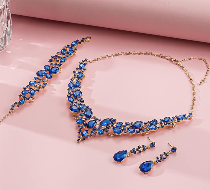 Crystal Bridal Wedding Jewelry Sets for Women Rhinestone Teardrop Crystal Statement Choker Necklace Drop Earrings Link Bracelets Rings Teardrop Jewelry Set for Brides Bridesmaids