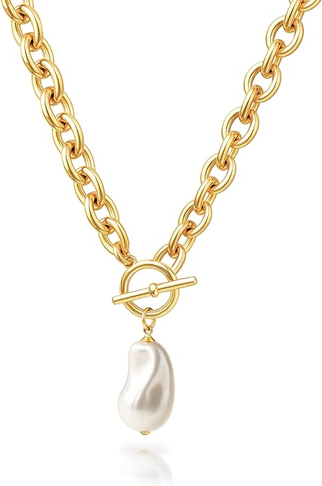 Zeffy 14K Gold/Silver Plated Chunky Thick Chain Toggle Clasp Necklace Dainty Baroque Pearl/Heart/Cross/Turquoise Pendant Necklace