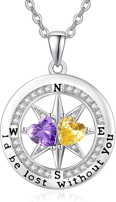 Compass Necklace for Women, Exquisite S925 Valentines Day Anniversary Birthday Gifts for Wife Her Double Birthstone Pendant Jewelry ‘I'd be Lost Without You’