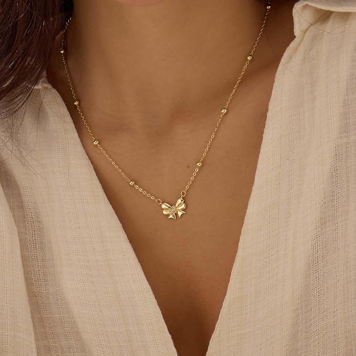 Valentines Day Gifts for Her - Dainty Bow Necklace for Women 14K Gold Plated Cute Choker Small Pendant Charm Necklaces Teen Gift Trendy Stuff Personalized Jewelry