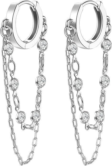 Tassel Chain Small Gold Hoop Dangle Earring For Women Huggie Earring Heart Star CZ 14K Gold Plated Fashion Jewelry Friendship Gift