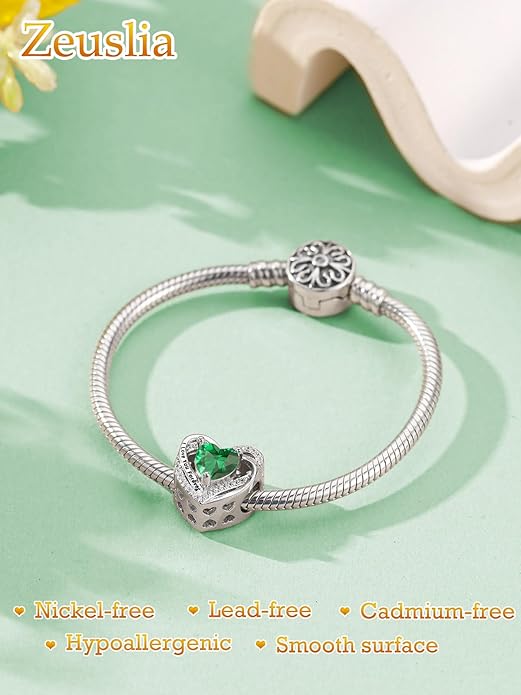 Heart Birthstone Charms for Bracelets, 925 Sterling Silver Women Bead Charms for Charm Bracelets Necklace, Mother's Day Birthday Anniversary Jewelry Gifts for Wife Mom Grandma Daughter