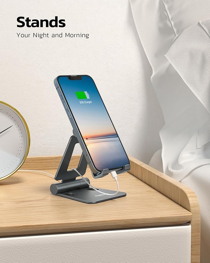 Nulaxy Dual Folding Cell Phone Stand, Fully Adjustable Foldable Desktop Phone Holder Cradle Dock Compatible with iPhone 17 16 15 14 13 12 11 Pro Max Xs Xr X 8, Nintendo Switch, All Phones - Gray