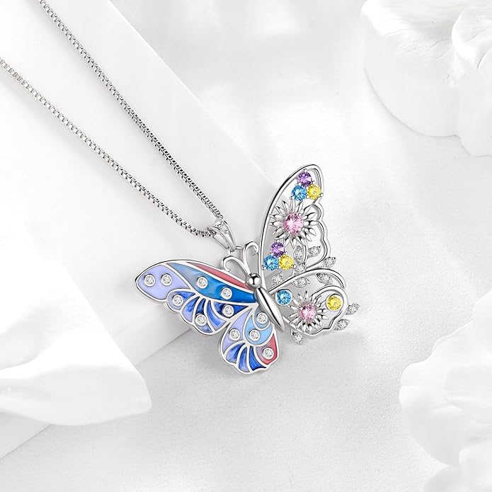 Aurora Tears 925 Sterling Silver Butterfly Flower Pendant Necklace - Colorful Enamel Zircon Adjustable Chain Jewelry Gift for Women Her