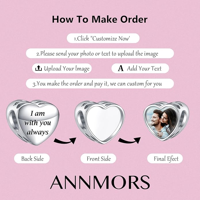 Annmors Personalized Photo Charms For Bracelets/Necklace 925 Sterling Silver Love Heart Shaped Engraved Customize Picture Gift for Birthday Mother's Day,Bead Charms Jewelry for Women