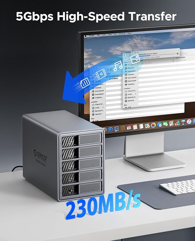 ORICO RAID 5 Bay HDD Enclosures USB 3.0 Push-Pull Mounting for 3.5-inch HDD, Max 110TB, External Direct Attached Storage 8 RAID Modes Supported 9858RU3