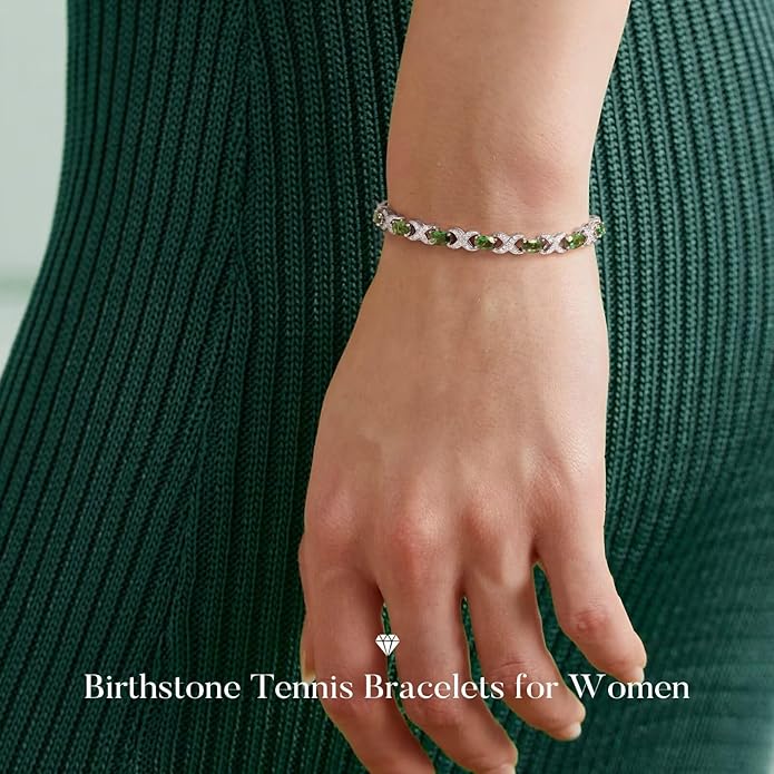 Iefil Valentines Day Gifts for Her, Oval Birthstone Tennis Bracelets for Women Wife Unique X O Design Fine Jewelry Anniversary Birthday Gift 925 Sterling Silver Birthstone Jewelry for Mom Girlfriend