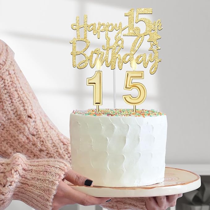 15th Birthday Decorations for Girls Gold with15th Birthday Crown and Sash, Candles and Cake Topper, Number Balloons, Sweet 15 Year Old Gifts for Girls