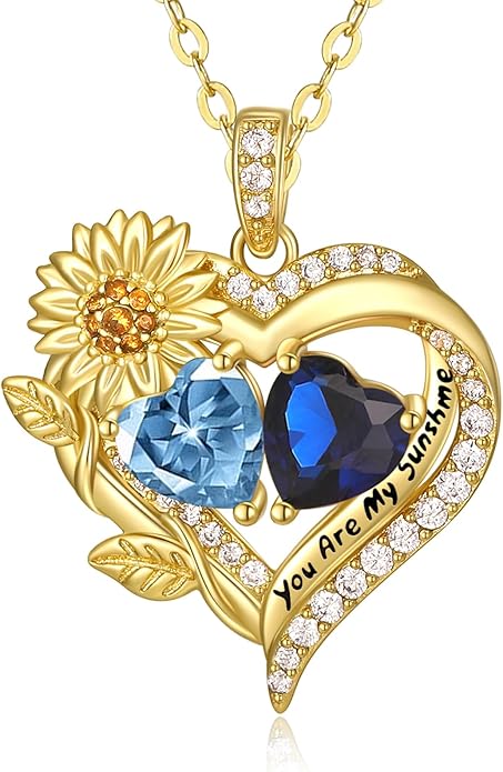 Sunflower Heart Necklace for Women 14K Gold Exquisite Valentines Day Anniversary Birthday Gifts for Wife Mother Her Double Birthstone Pendant Jewelry‘You Are My Sunshine’