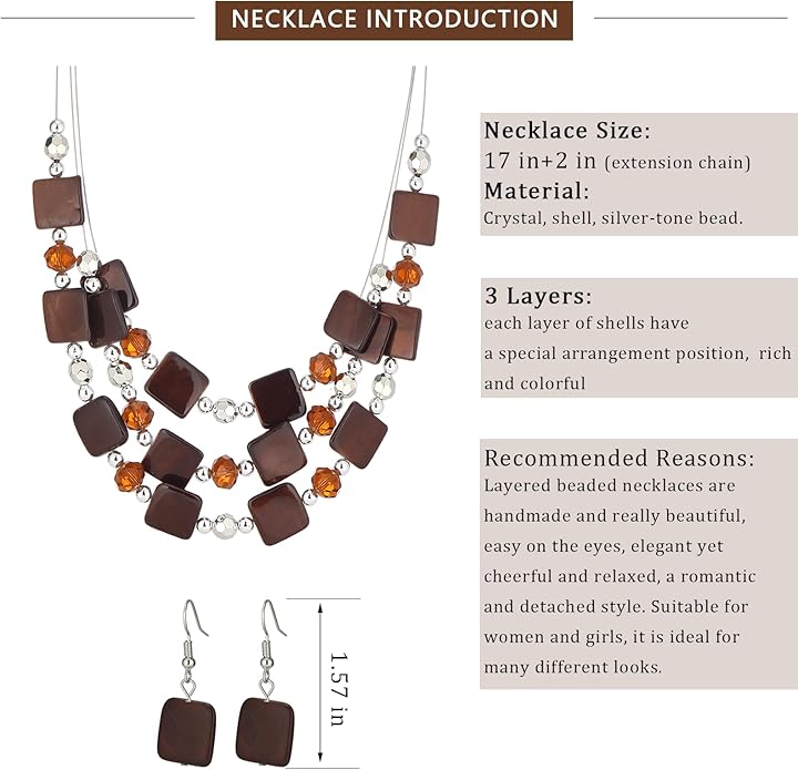 Layered Beaded Statement Necklaces for Women Square Shell Bead Collar Necklace and Earring Set Birthday Gifts Boho Jewelry Sets for Women