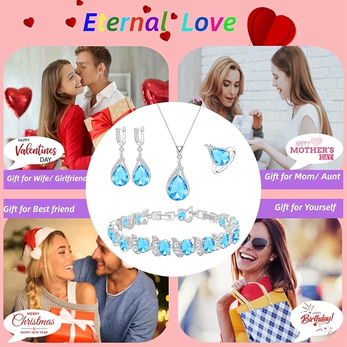 LMXXVJ Jewelry Set for Women,Teardrop Cubic Zirconia Necklace Earrings Adjustable Ring Bracelet Jewelry Set Formal Jewelry Gift