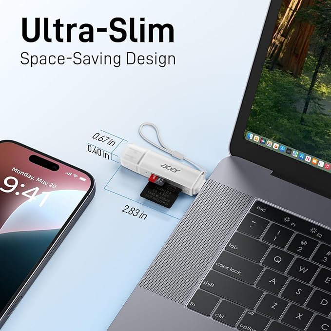 acer SD Card Reader USB C, Dual Slots USB 3.0 Type C to Micro SD Card Adapter, Memory Card Reader for MicroSD, SDHC, SDXC, Compatible with Laptop, PC, iPhone16/15, MacBook, iPad Pro, Android-Silver