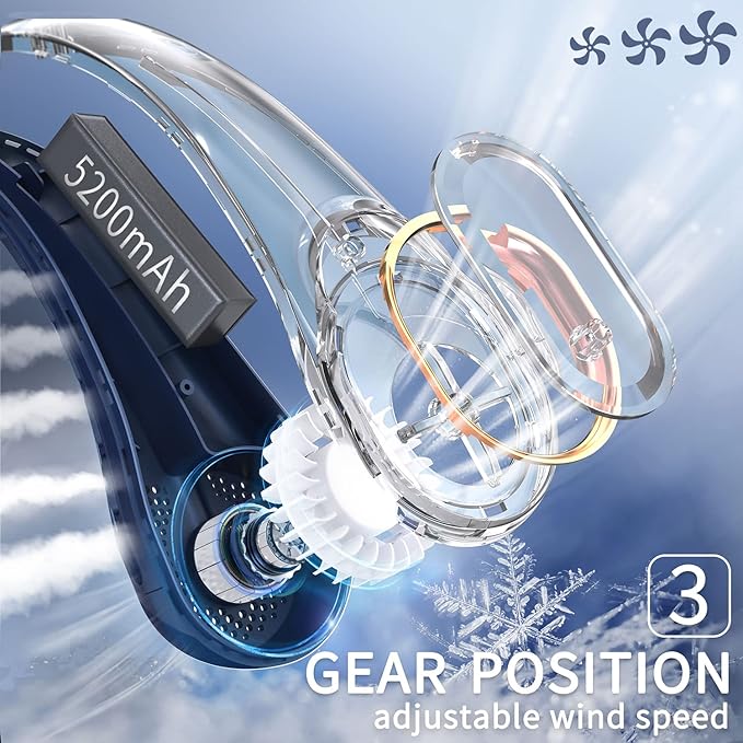 FrSara Neck Fan, Portable Personal Fan Strong Wind, 5200mAh, Air Volume,360° Cooling, No Hair Twisting, Air Volume On 2 Sides, Non-Slip, Quick Charge, Long Use Time, Birthday Gift for Women, Dad, Men