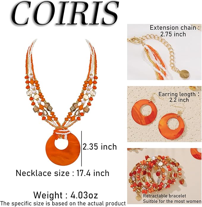 Jewelry Sets for Women 4 Pcs Chunky Beaded Mrs Roper Costume Jewelry for Women Boho Multi Strand Colorful Shell Necklace for Women