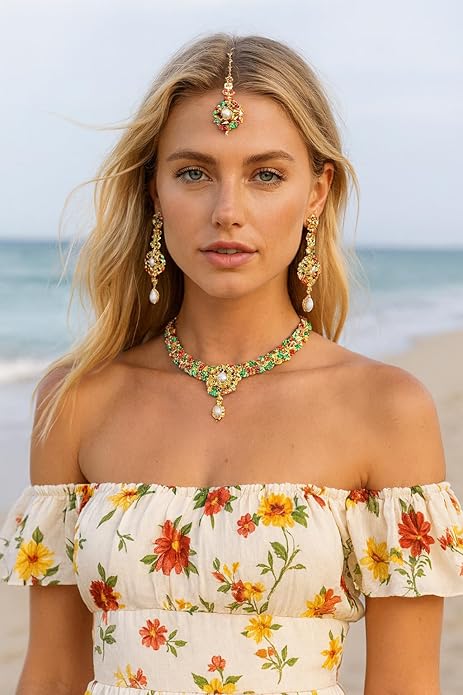 Touchstone Indian jewelry sets for women gold wedding tikka necklace set guest costume fancy bridal jewellery rhinestone crystal elegant formal prom evening wear dainty accessories
