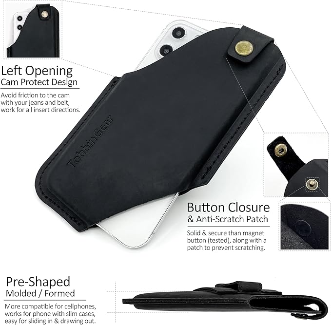 TobbinGear Leather Cell Phone Holster with Belt Clip, Universal Phone Holster for Men Belt Holder, Leather Case for iPhone, Samsung Galaxy Phones, Right Hand, Medium, Black