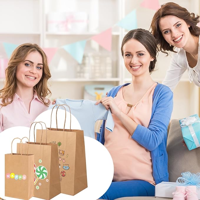 XPCARE 100PCS Brown Paper Bags with Handles, Three Different Sizes of Bulk Brown Gift Bags 5.25x3.25x8.25 & 8x4.5x10 & 10x5x13 Inch Grocery Retail Kraft Paper Bags for Party Birthday Shopping Takeaway