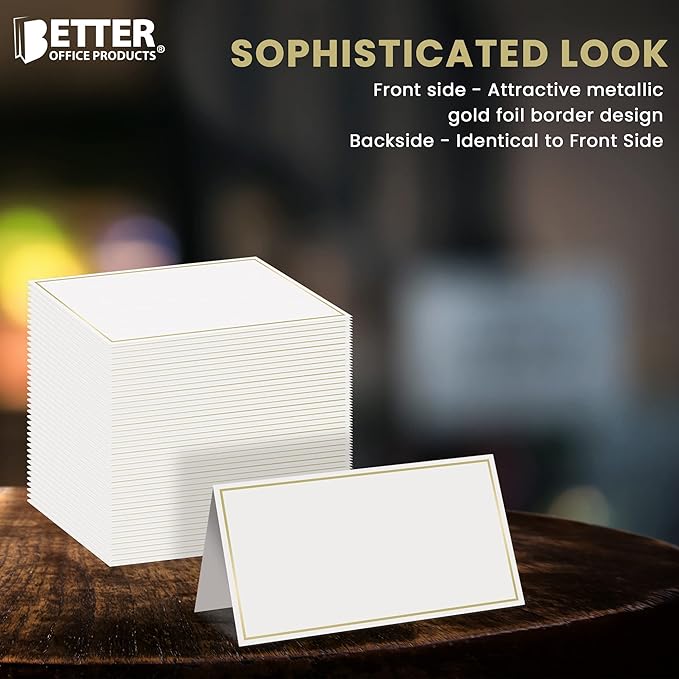 Better Office Products 100 Pack Gold Metallic Border Place Cards, 2 x 3.5 in, Folded Table Tent Cards for Weddings, Dinner Parties, Buffet Banquets, (White)