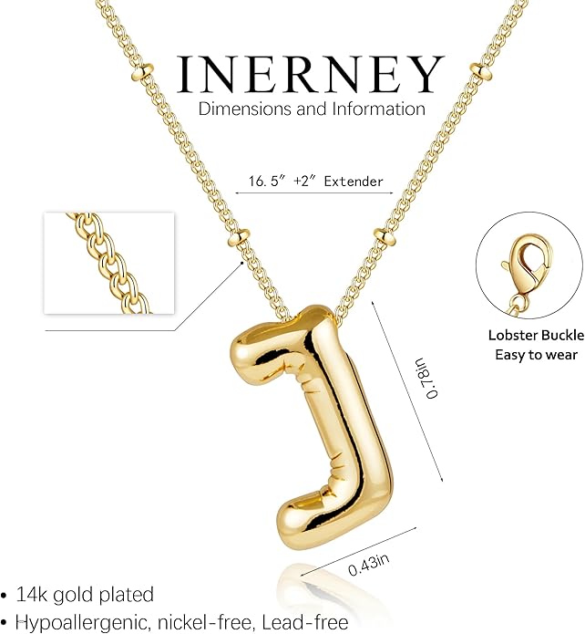 Inerney Valentines Day Gifts Gold Bubble Letter Necklace Initial Necklaces for Women, Chunky 14K Plated Balloon Initials, Trendy Charm Non Tarnish Custom Name Pendant Jewelry Gifts for Mom