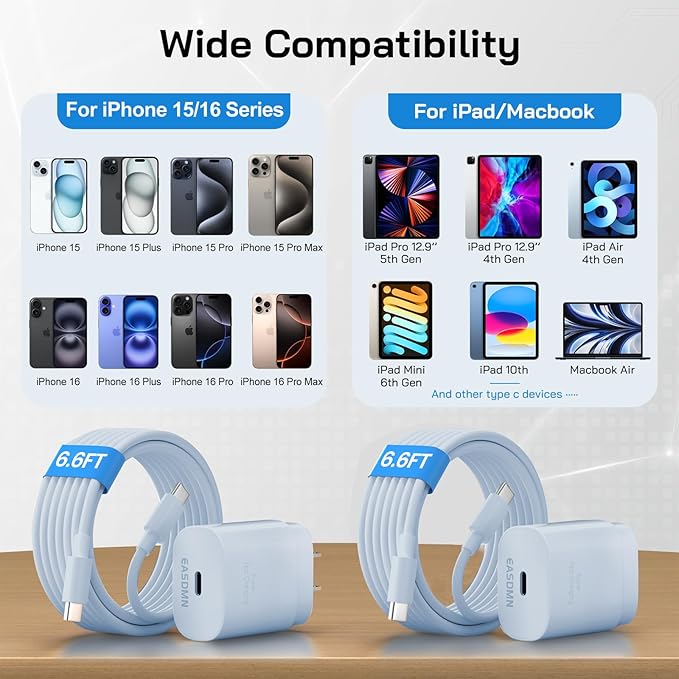 30W USB C i Phone 16 15 Charger Fast Charging, 2PACK Wall Charger for iPhone 16 15 Pro Max Charger Cord 6.6FT Fast Type C Charger Block for iPhone 16/16 Pro/15 Plus/15 Pro/15 Pro Max, iPad Pro, Blue