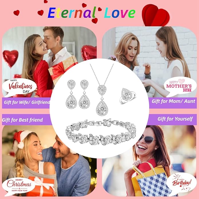 LMXXVJ Teardrop Jewelry Set for Women，Necklace Earrings Adjustable Ring Bracelet Set Fashion Formal Platinum/Gold/Rose Gold Jewelry Gift Girl/Mom/Wife/Grandmother/Best Friend/Aunt