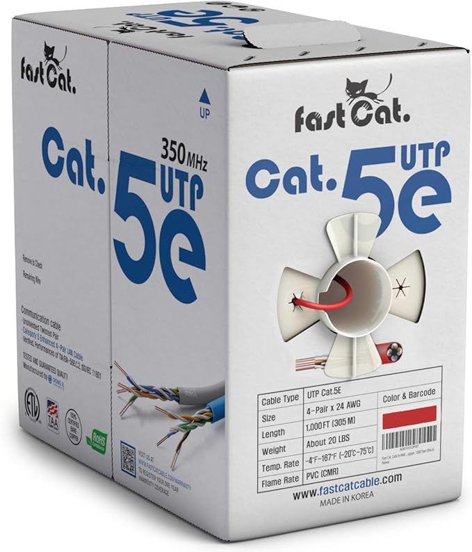 fast Cat. Cat5e Ethernet Cable 1000ft - 24 AWG, CMR, Insulated Bare Copper Wire Cat 5 ethernet Cable with FastReel - 350MHZ / Gigabit Speed UTP Cable Cat5e - CMR (Red)