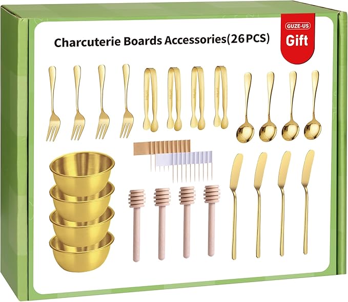 Gold Charcuterie Boards Accessories(26 PCS), Gift Box Packaging, With Ceramic Dip Bowls, Wooden Handle Cheese Spreader Butter Knive Set, Mini Tongs, Spoons, Forks,Honey Dipper, Cocktail Picks