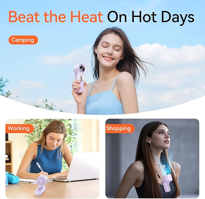 3-in-1 Portable Handheld Turbo Fan-100 Speeds, 11000 RPM, 10Hrs Cooling, LED Display, 90° Rotation, USB Rechargeable Battery Powered, Mini Foldable Hand Held Personal Fan for Women Men (Purple)