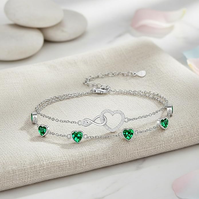 Prismata Infinity Birthstone Charm Link Bracelet 925 Sterling Silver Adjustable 12 Months Birthstone Infinity Bracelet Birthday Jewelry Gifts for Women Mom Her,with 7"+2" chain