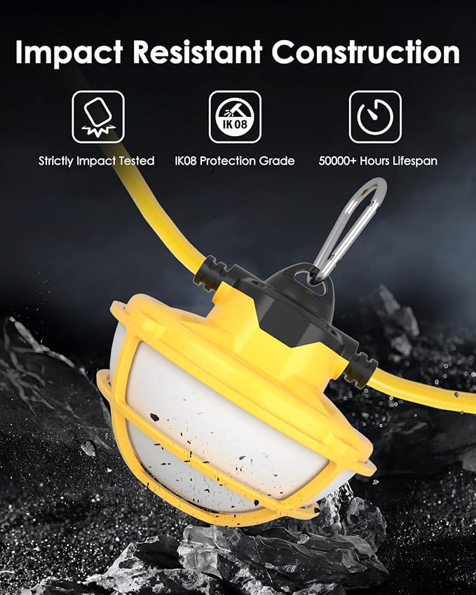 100FT LED Construction String Lights - 3 Prong, 130W 16000LM Plug in Linkable String Work Lights, 5000K Weatherproof Temporary Lighting for Construction Sites, Jobsites, Indoor & Outdoor, UL Listed