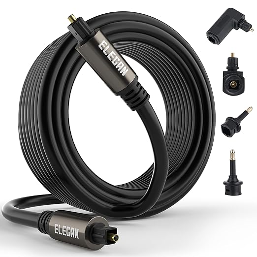Elecan Optical Audio Cable 25 Ft Digital Audio Toslink Cable Cord-Fiber Optic-Gold Plated-Flexiable&Durable-for Home Theater,Sound Bar,PS4&Xbox-with 4 Right Angled and Mini Toslink Adapters+Ties