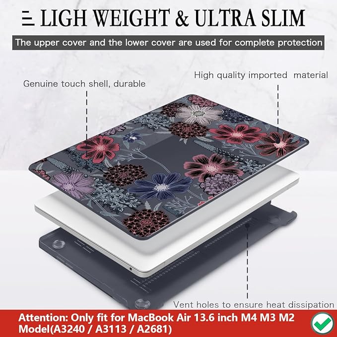 CISSOOK Compatible with MacBook Air 13.6 inch Case 2022 2023 2024 2025 Model A2681 A3113 A3240, Plastic Hard Case with Keyboard Cover Screen Protector Type C Adapter, Texture Flowers