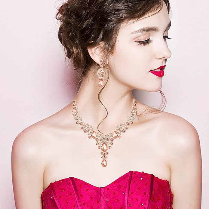 CSY Elegant Crystal Necklace Earrings Bracelet Ring Bridal Wedding Party Costume Jewelry Sets for Brides Women
