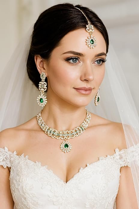 Touchstone Indian jewelry sets for women wedding gold kundan necklace traditional earrings tikka bollywood party style white crystal rhinestone guest gift bridal costume prom dainty accessories