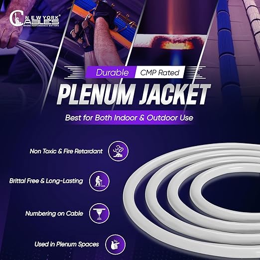 Newyork Cables | Cat6A Plenum (CMP) Cable 1000ft, 750MHz, PoE++ (4PPoE) | 100% Solid Bare Copper 10GB High Speed Ethernet Cable | 23AWG 4 Pair (UTP) Solid Conductors Available in 7 Colors (White)