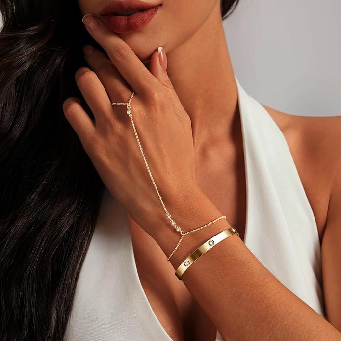 My Queen Gold Bracelets for Women 14K Gold Plated Dainty Stackable Hand Chain Bracelet Trendy Ring Chain Bangle Cuff Bracelets Adjustable Body Jewelry Set Gifts