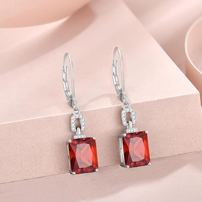 Emerald Cut Earrings 925 Sterling Silver Baguette Birthstone Dangle Drop Leverback Earrings Jewelry Gifts for Women