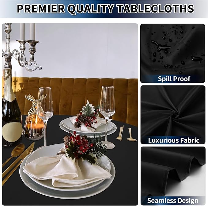 PureFit 8 Pack Round Black Table Cloths 70 Inch for Round Tables, Stain and Wrinkle Resistant Table Linens for Home Use, Wedding, Party, Banquet and Camping