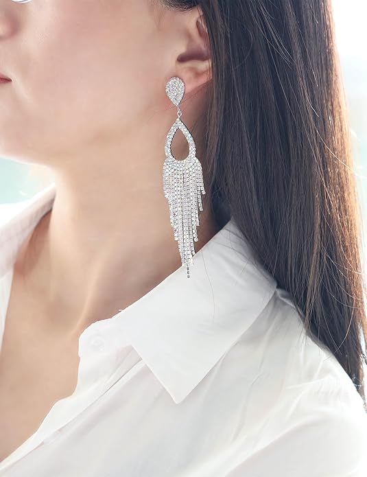 Rhinestone Teardrop with Long Tassel Earrings Sparkly Dangle Earrings for Women