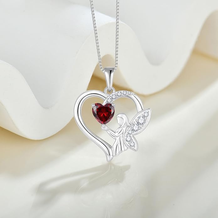 Guardian Angel Necklace 925 Sterling Silver Heart Angel Wings Pendant Birthstone Jewelry for Women