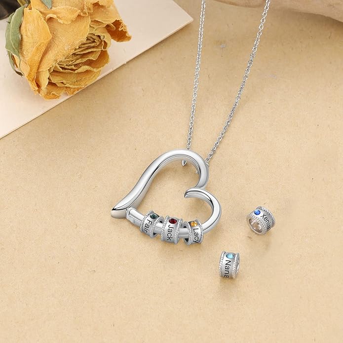Personalized Women's Pendant Necklace 925 Sterling Silver with 1-5 Simulated Birthstone Names Customized Heart Shape Cubic Zirconia Necklace