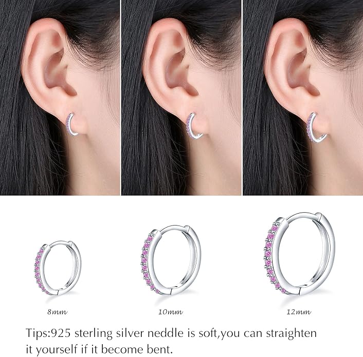 925 Sterling Silver Small Hoop Earrings Cubic Zirconia Huggie Hoop Earrings, 3 Pairs 14K White Gold Plated Cartilage Piercing Earrings Ear Cuff Tiny Hoop Earrings for Women Men