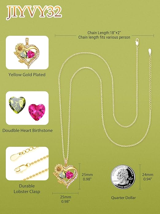 Sunflower Heart Necklace for Women 14K Gold Exquisite Valentines Day Anniversary Birthday Gifts for Wife Mother Her Double Birthstone Pendant Jewelry‘You Are My Sunshine’