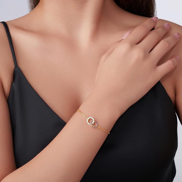 Custom Birthstone Bracelet for Women Sterling Silver Personalized Interlocking 2 Circles Charm Bracelets for Lover Christmas Valentine's Day Jewelry Gifts for BFF