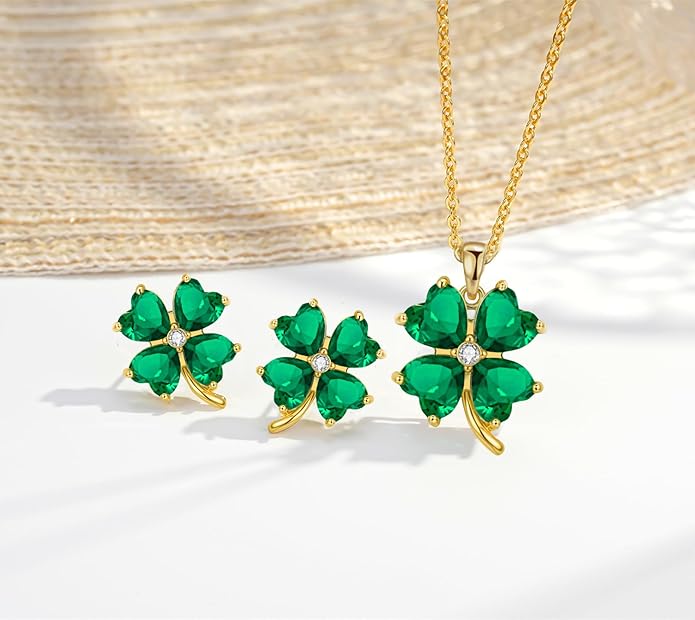 VONSSY Four Leaf Clover Necklace Earrings Shamrock Irish ST Patricks Jewelry Set Gift 18k Gold Plated Green Emerald Zircon Diamond Crystal Lucky Saint Pendant for Woman Wife Girlfriend Mom